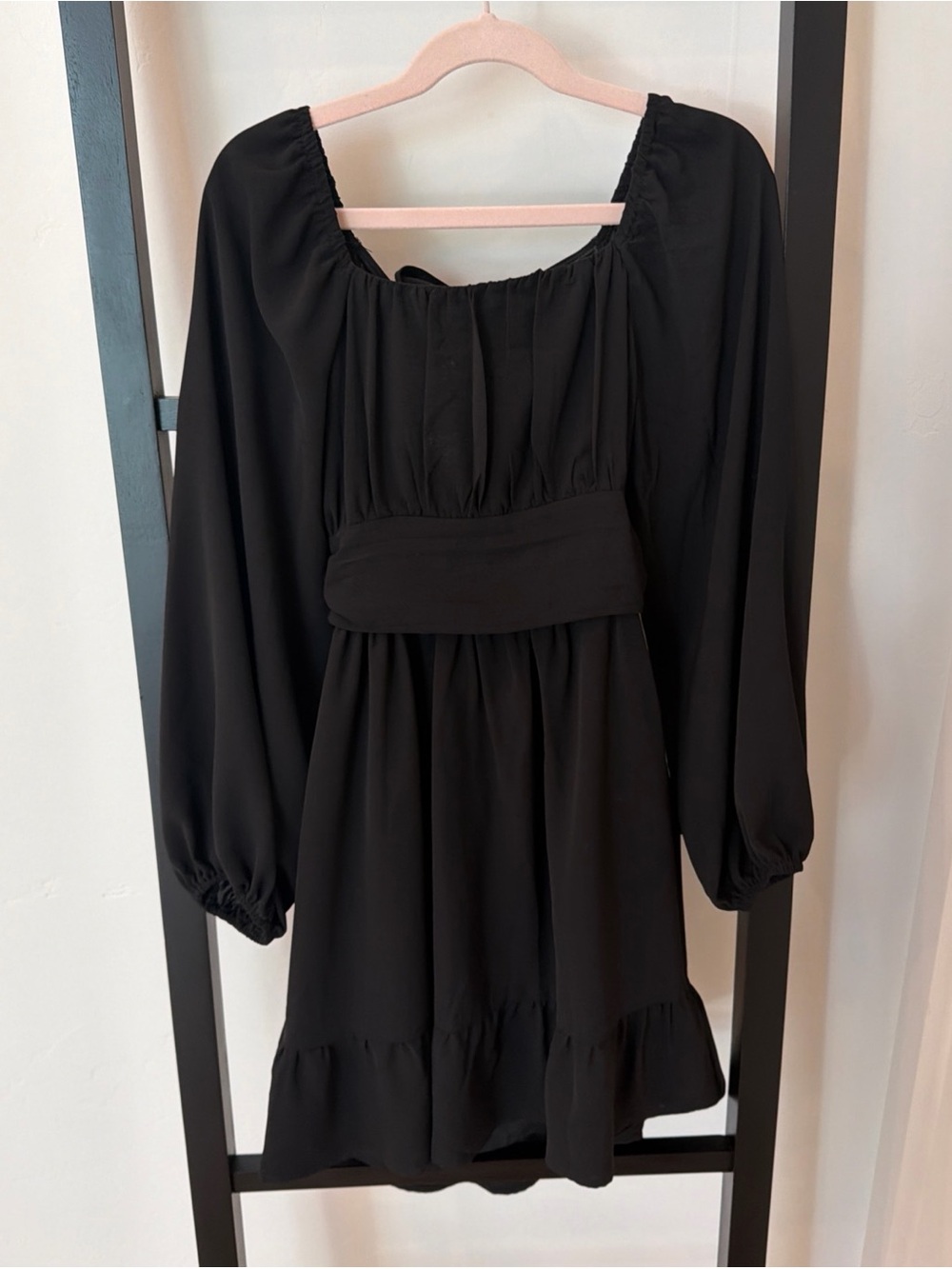 Black Long Sleeve Smocked Waist Mini Dress